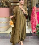 Green  yoke design embroidery chanderi silk a-line kurta with trousers & dupatta
