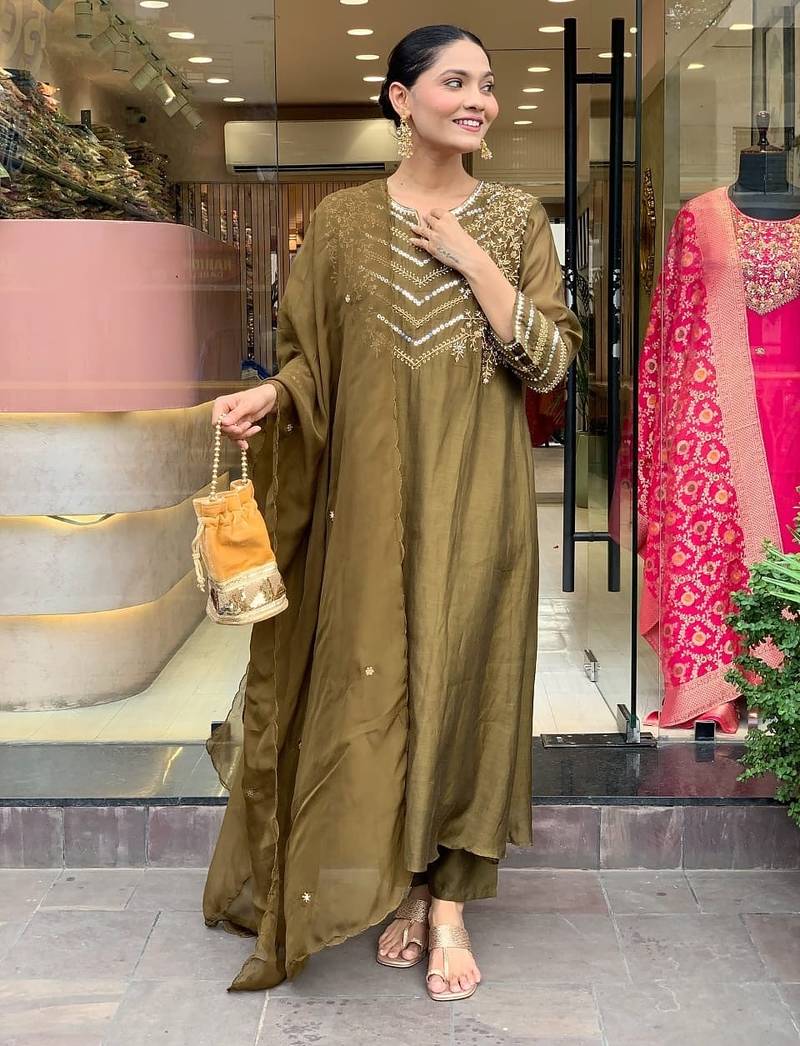 Green aaysa yoke design embroidery chanderi silk a-line kurta with trousers & dupatta