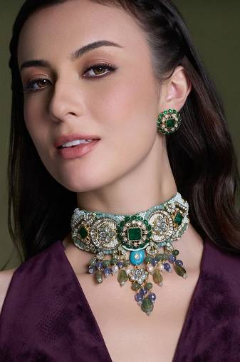 Gold plated kundan multicolor necklace set