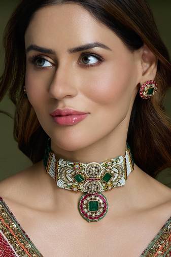 Gold plated kundan multicolor necklace set