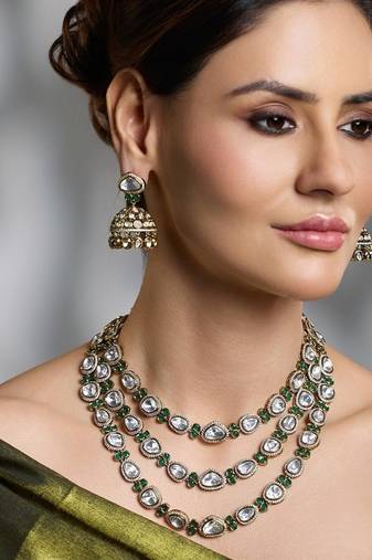 Gold plated kundan green stone necklace set