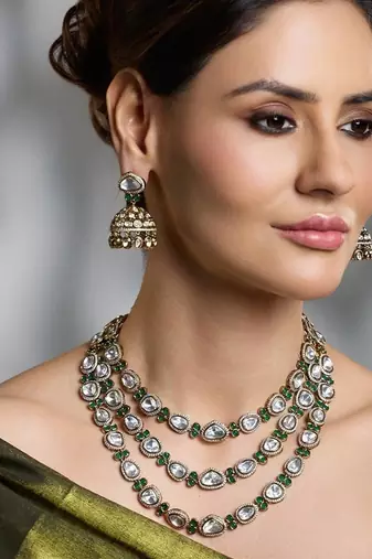 Gold plated kundan green stone necklace set
