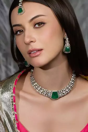 Gold plated kundan green stone necklace set