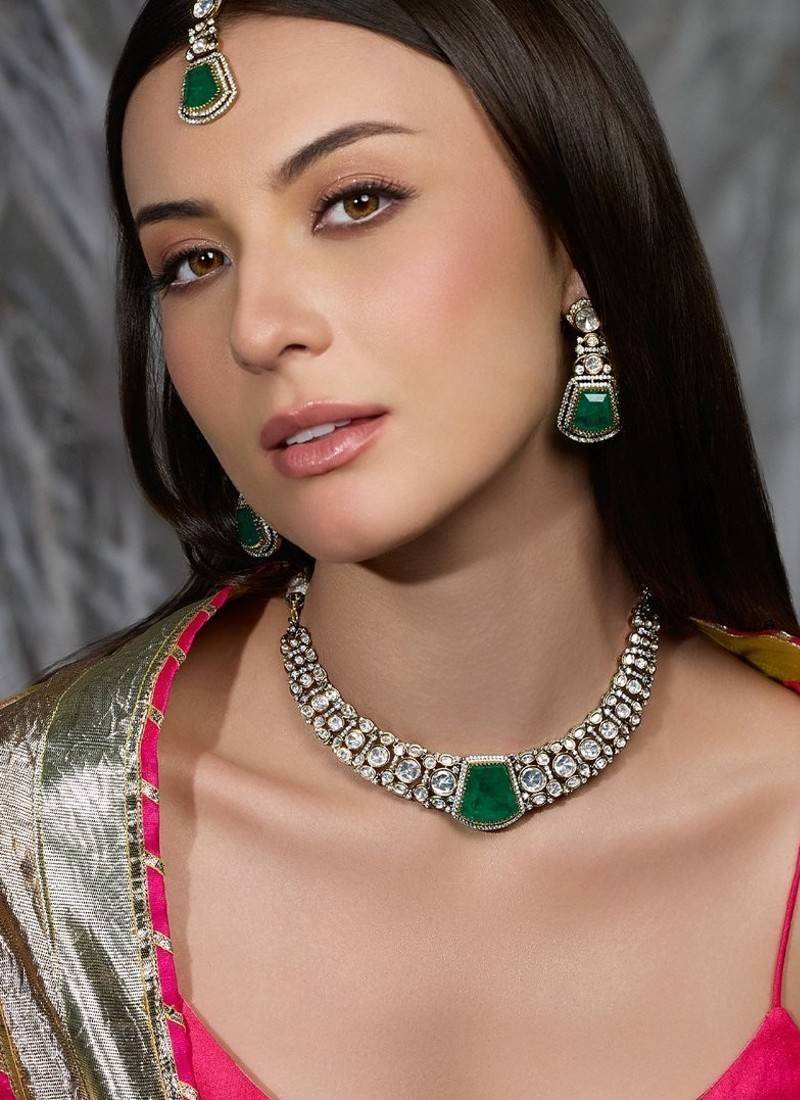 Gold plated kundan green stone necklace set