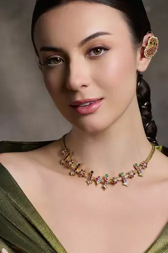 Gold plated kundan red stone necklace