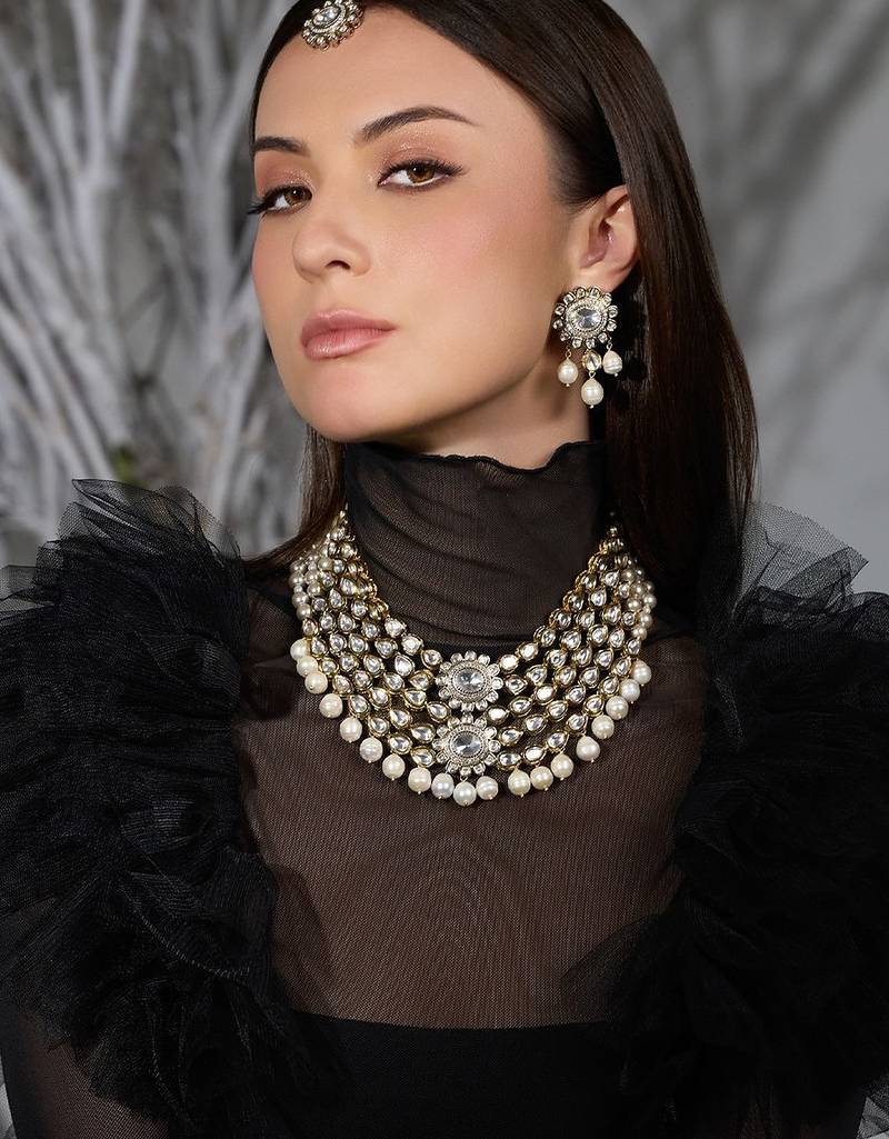 Gold plated kundan pearl necklace set