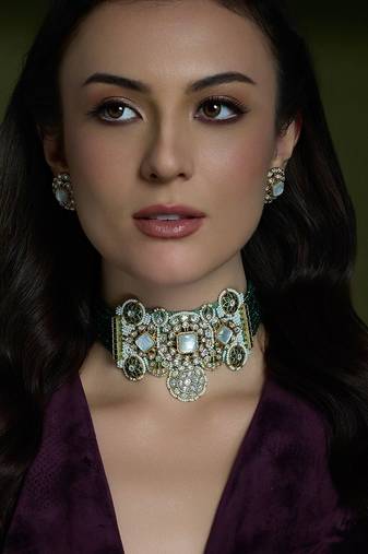 Gold plated kundan green stone necklace set