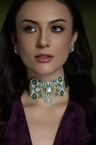 Gold plated kundan green stone necklace set