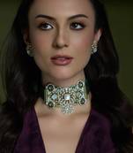 Gold plated kundan green stone necklace set