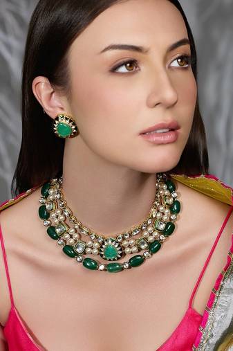Gold plated kundan green stone necklace set