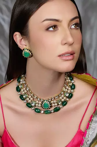 Gold plated kundan green stone necklace set