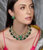 Gold plated kundan green stone necklace set