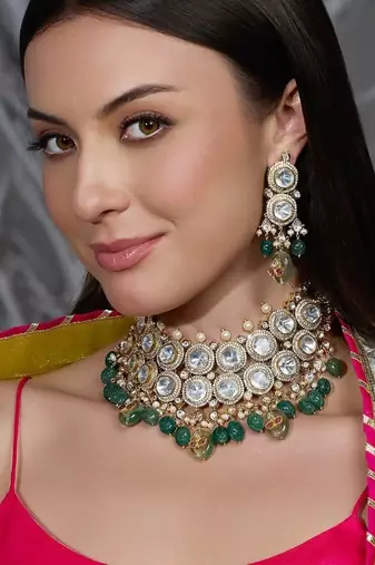 Gold plated kundan green stone necklace set