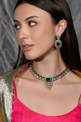 Gold plated kundan green stone necklace set