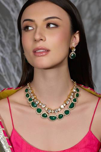 Gold plated kundan green stone necklace set