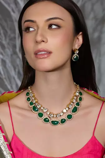 Gold plated kundan green stone necklace set