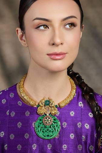 Gold plated kundan green stone necklace