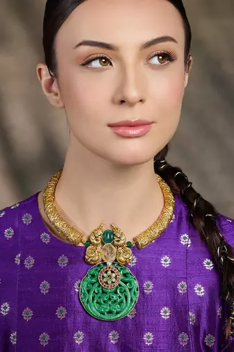 Gold plated kundan green stone necklace