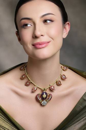 Gold plated kundan red stone necklace