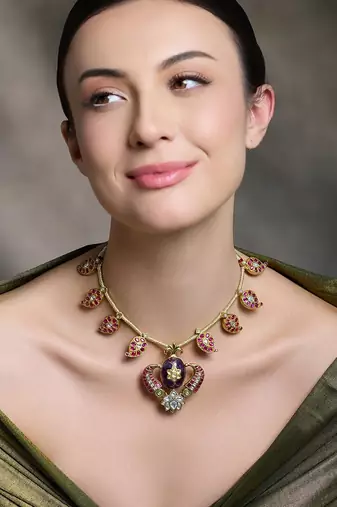 Gold plated kundan red stone necklace