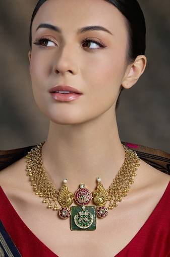 Gold plated kundan multicolor necklace