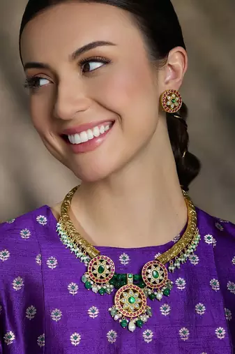 Gold plated kundan multicolor necklace set