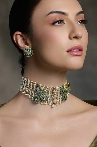 Gold plated kundan multicolor necklace set