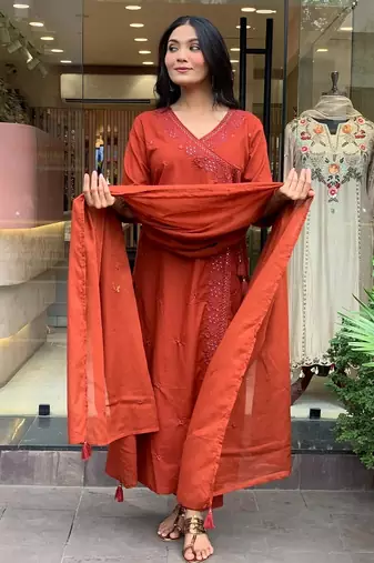 Brown aaysa women ethnic motifs embroidered cotton kurta with trousers & dupatta