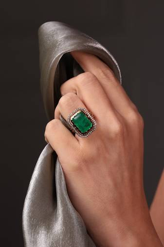 Gold plated kundan green stone ring