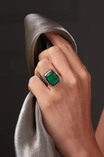 Gold plated kundan green stone ring