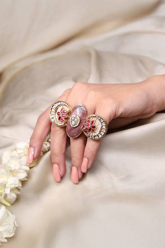 Gold plated kundan pink stone ring