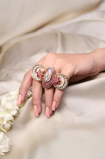 Gold plated kundan pink stone ring