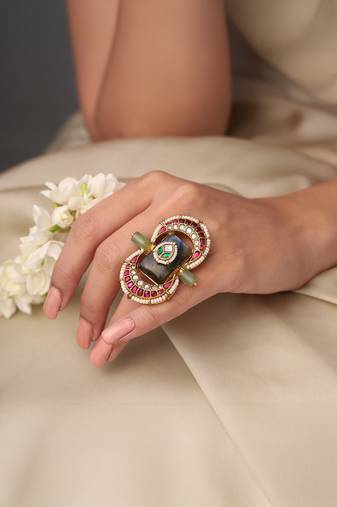 Gold plated kundan multicolor ring
