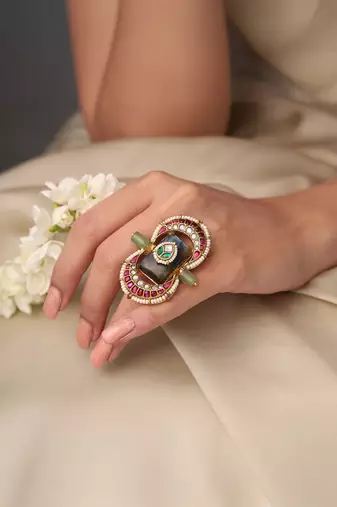 Gold plated kundan multicolor ring
