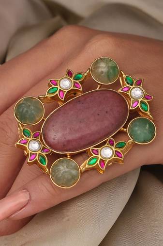 Gold plated kundan multicolor ring