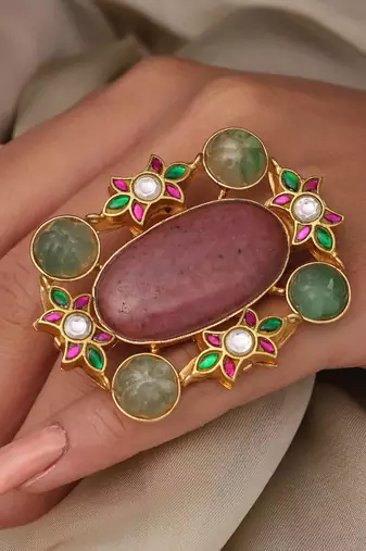 Gold plated kundan multicolor ring