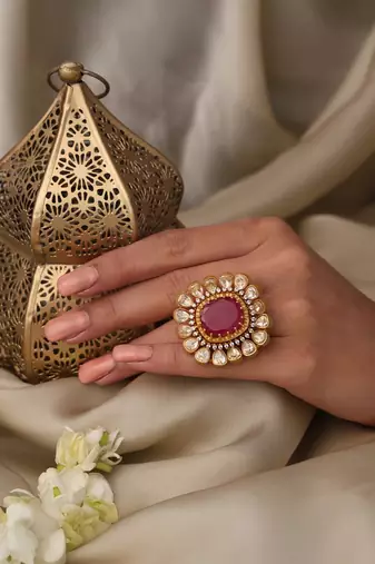 Gold plated kundan red stone ring