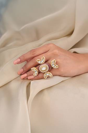 Gold plated kundan pink stone ring