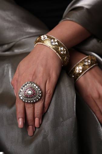 Gold plated kundan red stone ring