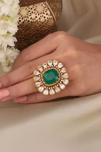 Gold plated kundan green stone ring