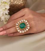 Gold plated kundan green stone ring