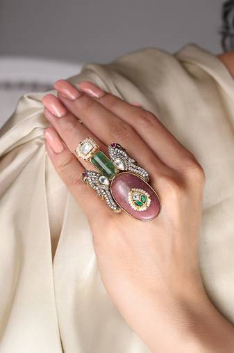 Gold plated kundan multicolor ring