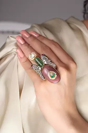 Gold plated kundan multicolor ring