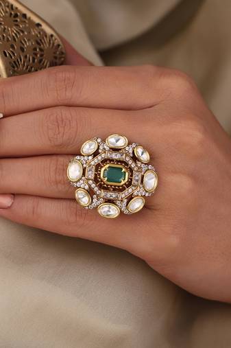 Gold plated kundan green stone ring