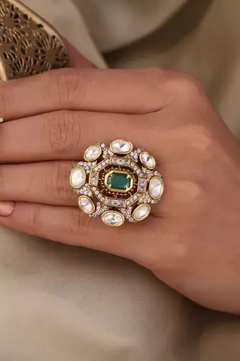 Gold plated kundan green stone ring