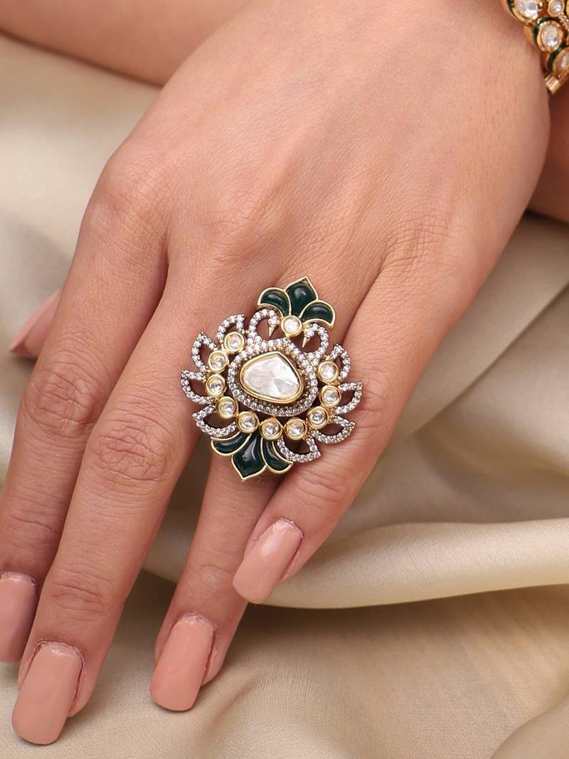 Gold plated kundan multicolor ring