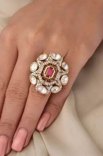 Gold plated kundan red stone ring