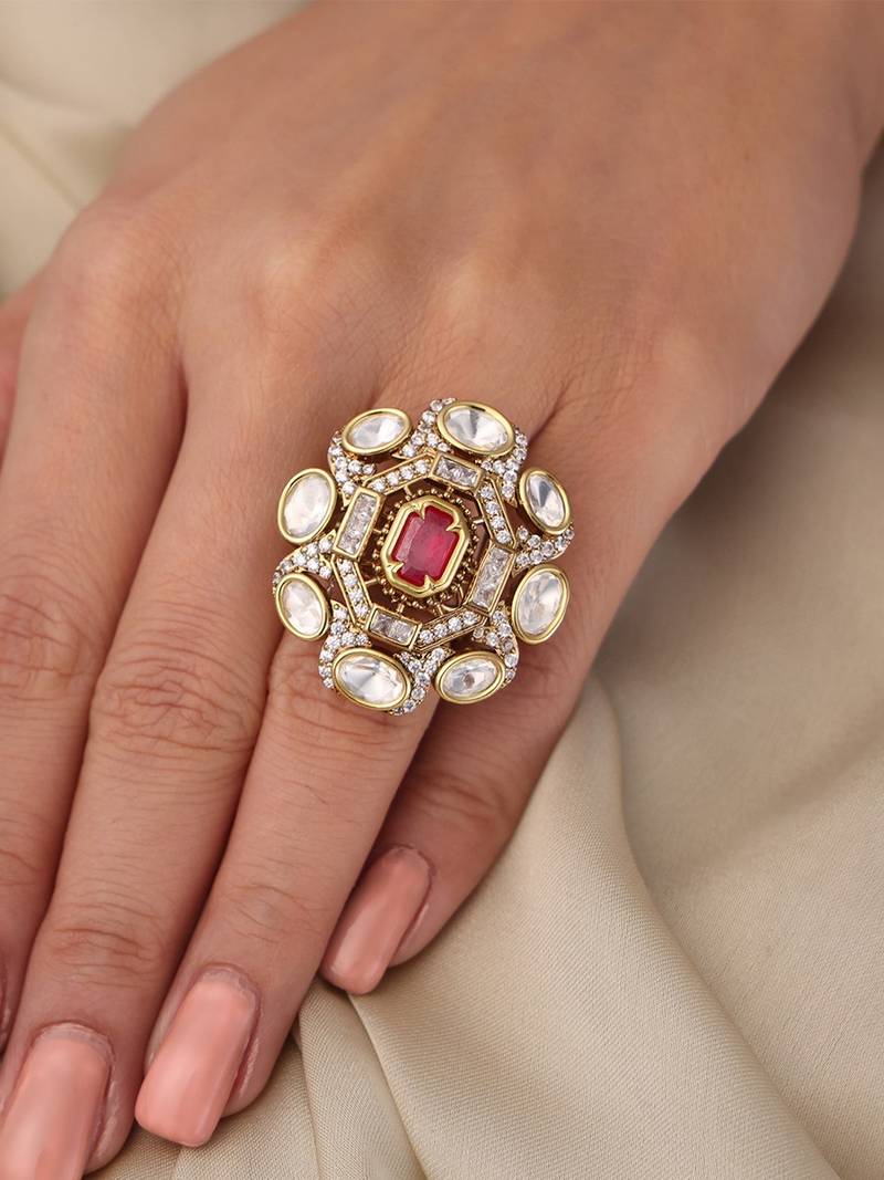 Gold plated kundan red stone ring