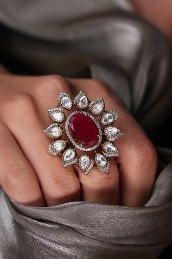 Gold plated kundan red stone ring