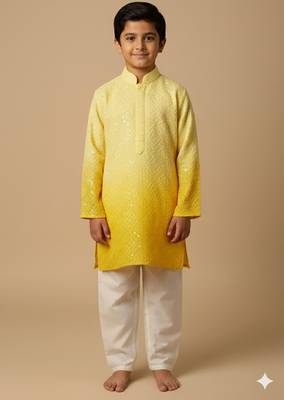 Yellow chikankari kurta set for boys 1